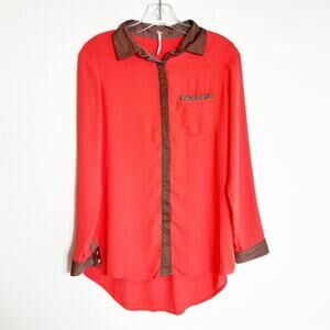 FREE PEOPLE ORANGE PEACH BROWN LONG SLEEVE WOMEN POLYESTER BLOUSE SIZE XS
